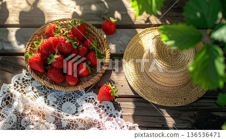 Strawberries with Straw Hat on Rustic Wooden Table Strawberries with Straw Hat on Rustic Wooden Table 136536471