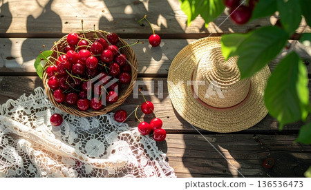 Cherries with Straw Hat on Rustic Wooden Table Cherries with Straw Hat on Rustic Wooden Table 136536473