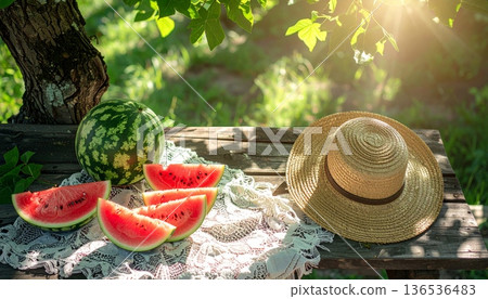 Watermelon with Straw Hat on Rustic Wooden Table Watermelon with Straw Hat on Rustic Wooden Table 136536483