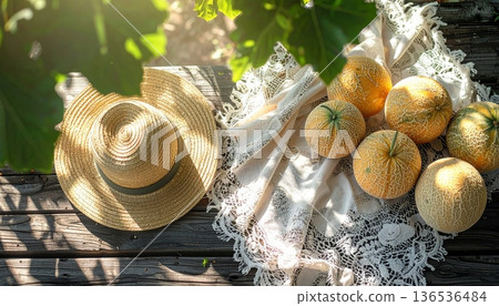 Cantaloupe with Straw Hat on Rustic Wooden Table 136536484