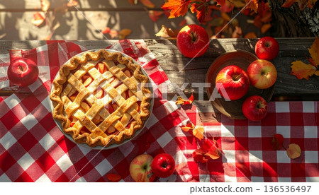 Apple Pie on Rustic Wooden Table in Autumn Apple Pie on Rustic Wooden Table in Autumn 136536497