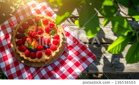 Fruit Tart on Rustic Wooden Table in Spring Fruit Tart on Rustic Wooden Table in Spring 136536503