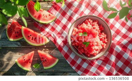 Watermelon Granita on Rustic Wooden Table in Summer 136536508