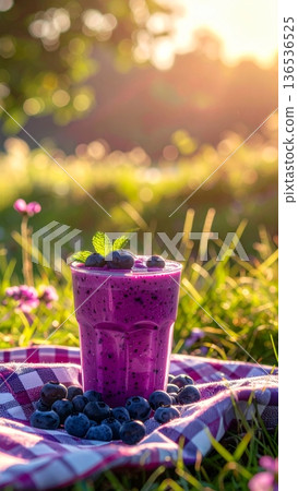 Blueberry Smoothie on Picnic Blanket in Meadow Blueberry Smoothie on Picnic Blanket in Meadow 136536525