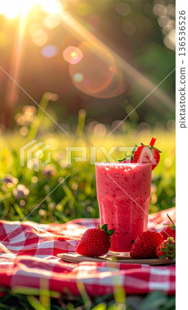 Strawberry Smoothie on Picnic Blanket in Meadow Strawberry Smoothie on Picnic Blanket in Meadow 136536526