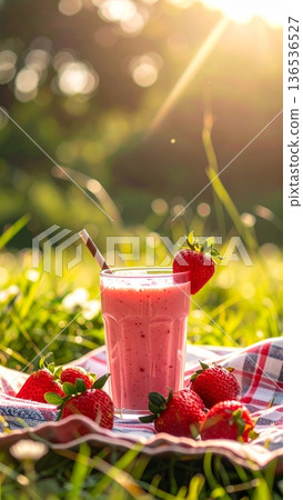 Strawberry Smoothie on Picnic Blanket in Meadow Strawberry Smoothie on Picnic Blanket in Meadow 136536527