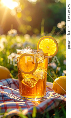 Honey Lemon Tea on Picnic Blanket in Meadow Honey Lemon Tea on Picnic Blanket in Meadow 136536529