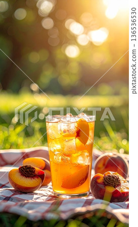 Peach Iced Tea on Picnic Blanket in Meadow 136536530