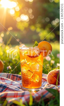Peach Iced Tea on Picnic Blanket in Meadow Peach Iced Tea on Picnic Blanket in Meadow 136536531