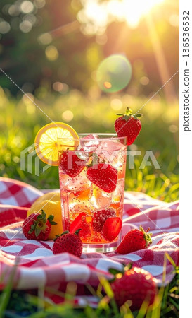 Strawberry Lemonade on Picnic Blanket in Meadow Strawberry Lemonade on Picnic Blanket in Meadow 136536532