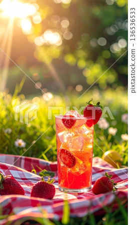 Strawberry Lemonade on Picnic Blanket in Meadow Strawberry Lemonade on Picnic Blanket in Meadow 136536533