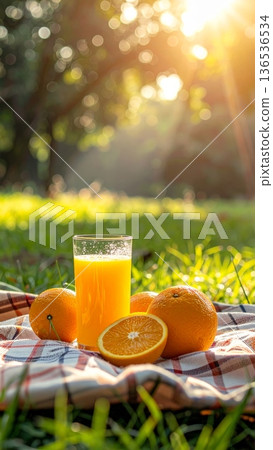 Fresh Orange Juice on Picnic Blanket in Meadow Fresh Orange Juice on Picnic Blanket in Meadow 136536534