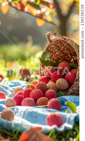 Lychees Spilling from Wicker Basket on Picnic Blanket in Summer 136536539