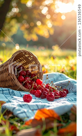 Cherries Spilling from Wicker Basket on Picnic Blanket in Spring Cherries Spilling from Wicker Basket on Picnic Blanket in Spring 136536549