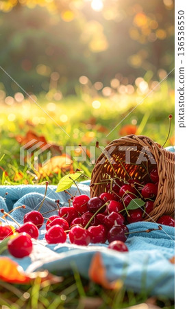Cherries Spilling from Wicker Basket on Picnic Blanket in Spring Cherries Spilling from Wicker Basket on Picnic Blanket in Spring 136536550
