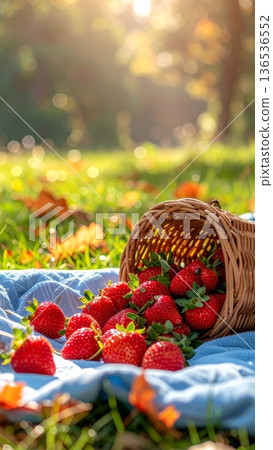 Strawberries Spilling from Wicker Basket on Picnic Blanket in Spring 136536552