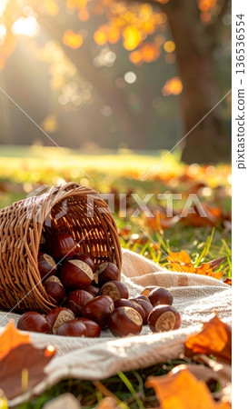Chestnuts Spilling from Wicker Basket on Picnic Blanket in Autumn 136536554