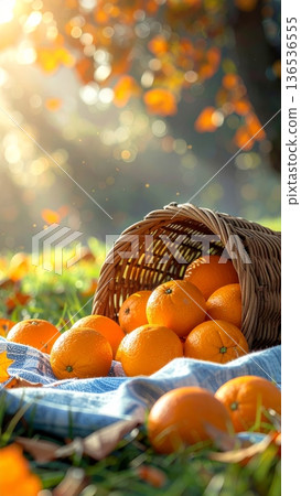 Oranges Spilling from Wicker Basket on Picnic Blanket in Autumn 136536555