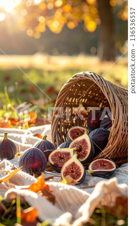 Figs Spilling from Wicker Basket on Picnic Blanket in Autumn Figs Spilling from Wicker Basket on Picnic Blanket in Autumn 136536557