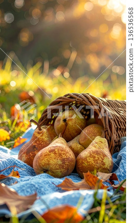 Pears Spilling from Wicker Basket on Picnic Blanket in Autumn 136536568