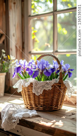 Picnic Basket with Irises on Wooden Counter in Rustic Cottage Kitchen 136536581