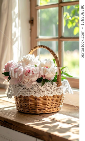 Picnic Basket with Peonies on Wooden Counter in Rustic Cottage Kitchen 136536590