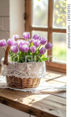Picnic Basket with Tulips on Wooden Counter in Rustic Cottage Kitchen 136536591