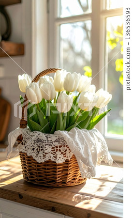 Picnic Basket with White Tulips on Wooden Counter in Rustic Cottage Kitchen 136536593