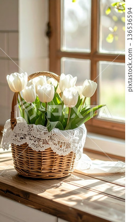 Picnic Basket with White Tulips on Wooden Counter in Rustic Cottage Kitchen 136536594