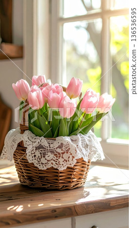 Picnic Basket with Pink Tulips on Wooden Counter in Rustic Cottage Kitchen 136536595