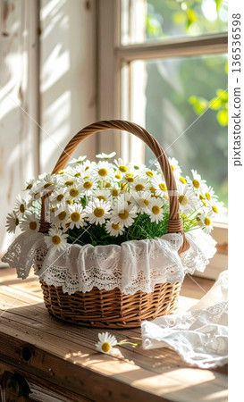 Picnic Basket with Daisies on Wooden Counter in Rustic Cottage Kitchen 136536598