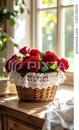Picnic Basket with Red Roses on Wooden Counter in Rustic Cottage Kitchen Picnic Basket with Red Roses on Wooden Counter in Rustic Cottage Kitchen 136536600