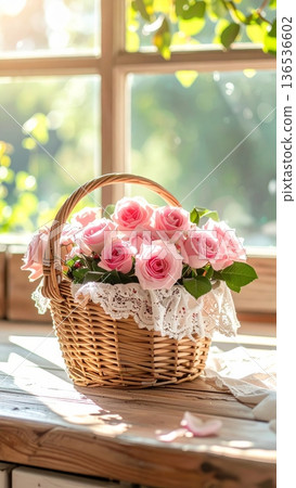 Picnic Basket with Pink Roses on Wooden Counter in Rustic Cottage Kitchen 136536602