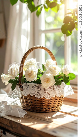 Picnic Basket with White Roses on Wooden Counter in Rustic Cottage Kitchen 136536603