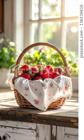 Picnic Basket with Strawberries on Wooden Counter in Cottage Kitchen 136536616