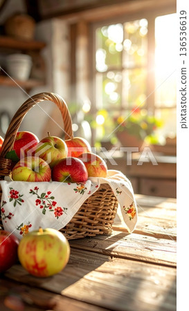 Picnic Basket with Apples on Wooden Counter in Cottage Kitchen 136536619