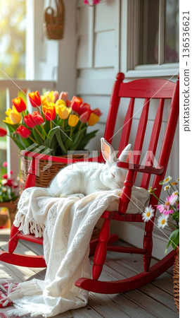 Sleeping White Rabbit on Red Rocking Chair on Cottage Porch Sleeping White Rabbit on Red Rocking Chair on Cottage Porch 136536621