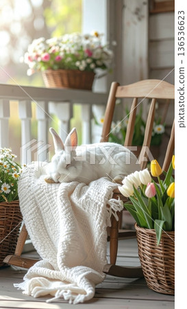 Sleeping White Rabbit on Brown Rocking Chair on Cottage Porch Sleeping White Rabbit on Brown Rocking Chair on Cottage Porch 136536623