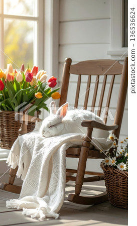 Sleeping White Rabbit on Brown Rocking Chair on Cottage Porch Sleeping White Rabbit on Brown Rocking Chair on Cottage Porch 136536624