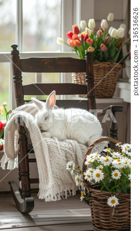 Sleeping White Rabbit on Brown Rocking Chair on Cottage Porch Sleeping White Rabbit on Brown Rocking Chair on Cottage Porch 136536626
