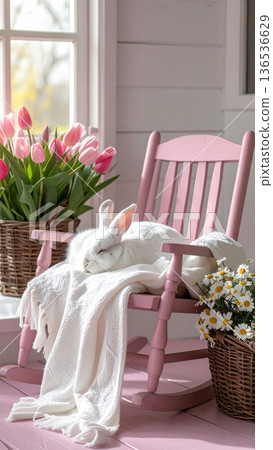 Sleeping White Rabbit on Pink Rocking Chair on Cottage Porch 136536629