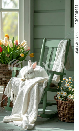 Sleeping White Rabbit on Light Green Rocking Chair on Cottage Porch Sleeping White Rabbit on Light Green Rocking Chair on Cottage Porch 136536631