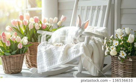 Sleeping White Rabbit on White Rocking Chair on Cottage Porch Sleeping White Rabbit on White Rocking Chair on Cottage Porch 136536633