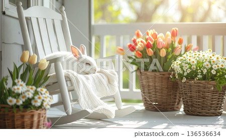 Sleeping White Rabbit on White Rocking Chair on Cottage Porch Sleeping White Rabbit on White Rocking Chair on Cottage Porch 136536634