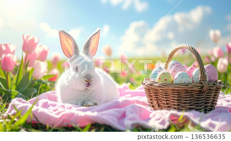 White Rabbit on Pink Picnic Blanket with Tulips and Easter Eggs White Rabbit on Pink Picnic Blanket with Tulips and Easter Eggs 136536635