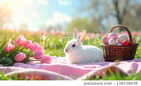 White Rabbit on Pink Picnic Blanket with Tulips and Easter Eggs White Rabbit on Pink Picnic Blanket with Tulips and Easter Eggs 136536636