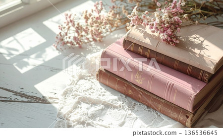 Vintage Pink and Brown Book Stack on White Desk with Lace Cloth Vintage Pink and Brown Book Stack on White Desk with Lace Cloth 136536645