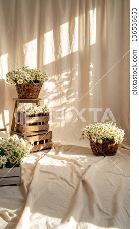 Styled Photography Scene with Daisies in Wicker Basket and Wooden Crate Styled Photography Scene with Daisies in Wicker Basket and Wooden Crate 136536653