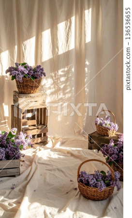 Styled Photography Scene with Lilacs in Wicker Basket and Wooden Crate Styled Photography Scene with Lilacs in Wicker Basket and Wooden Crate 136536655
