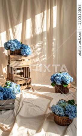 Styled Photography Scene with Hydrangeas in Wicker Basket and Wooden Crate Styled Photography Scene with Hydrangeas in Wicker Basket and Wooden Crate 136536658